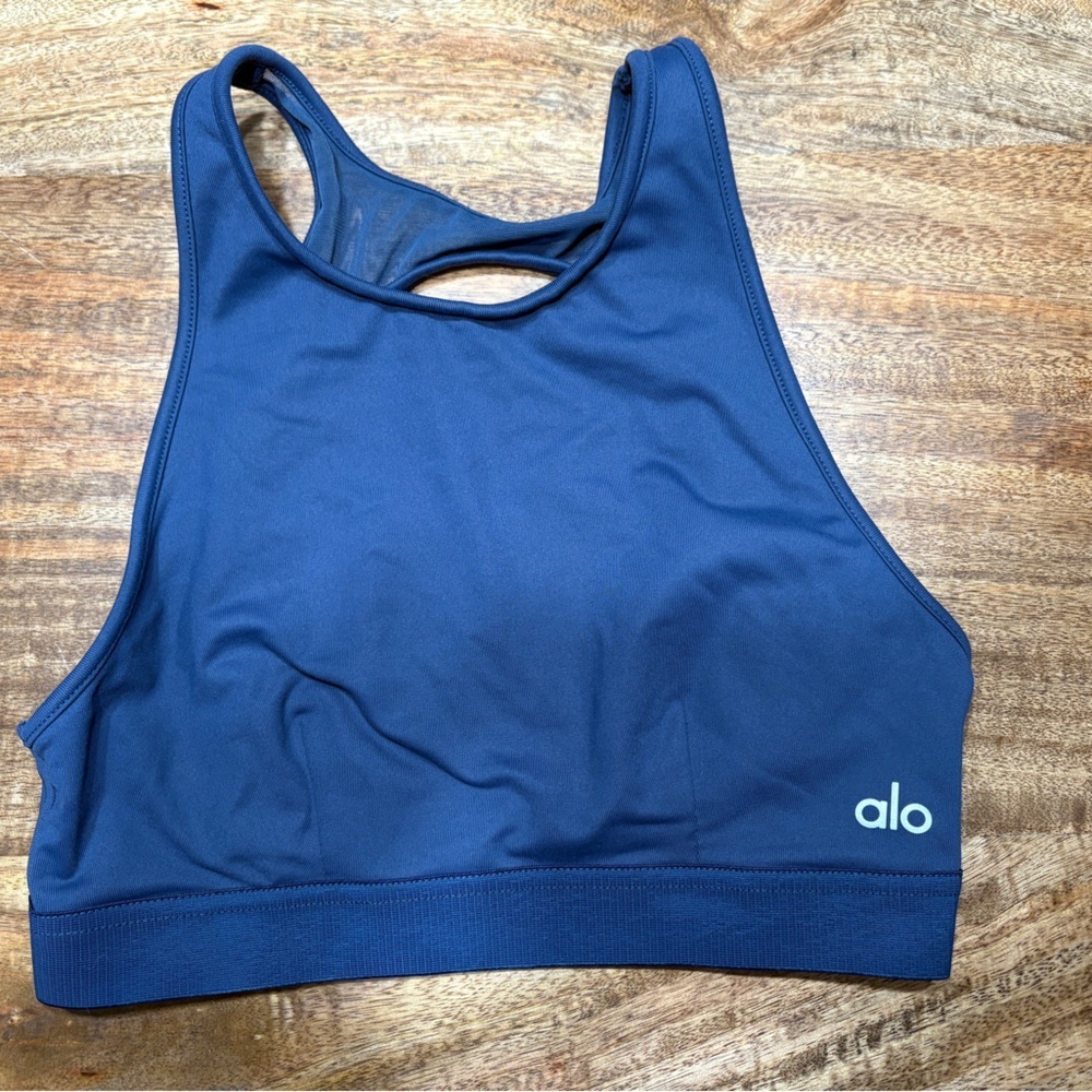 Alo Yoga Womens Sports Bra High Neck Cutout Back Stretch Workout Blue Size XS